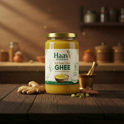 Haavi Organic A2 Desi Cow Ghee | Bilona Churned | From Grass-Fed Desi Cows | Made in VILLAGE (From Free Roaming Cows, Not Gaushala) (1 L)