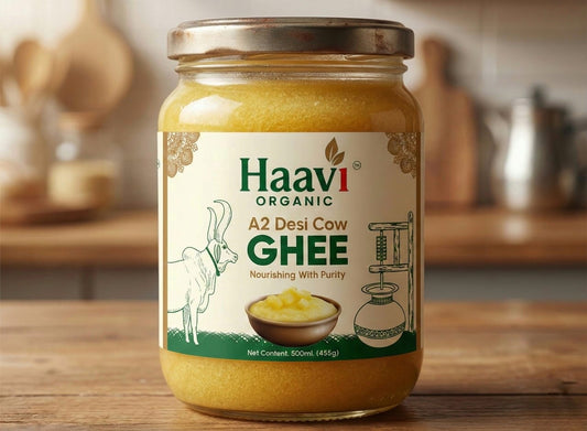 Haavi Organic A2 Desi Cow Ghee | Bilona Churned | From Grass-Fed Desi Cows | Made in VILLAGE (From Free Roaming Cows, Not Gaushala) (500ML)
