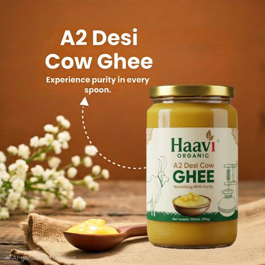 Haavi Organic A2 Desi Cow Ghee | Bilona Churned | From Grass-Fed Desi Cows | Made in VILLAGE (From Free Roaming Cows, Not Gaushala) (1 L)