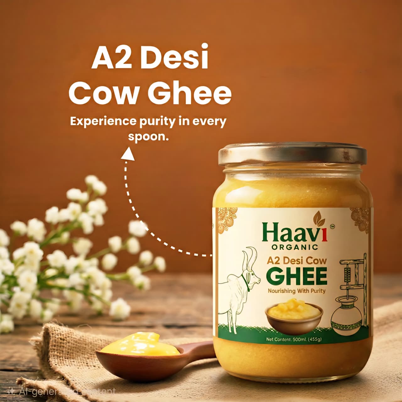 Haavi Organic A2 Desi Cow Ghee | Bilona Churned | From Grass-Fed Desi Cows | Made in VILLAGE (From Free Roaming Cows, Not Gaushala) (500ML)