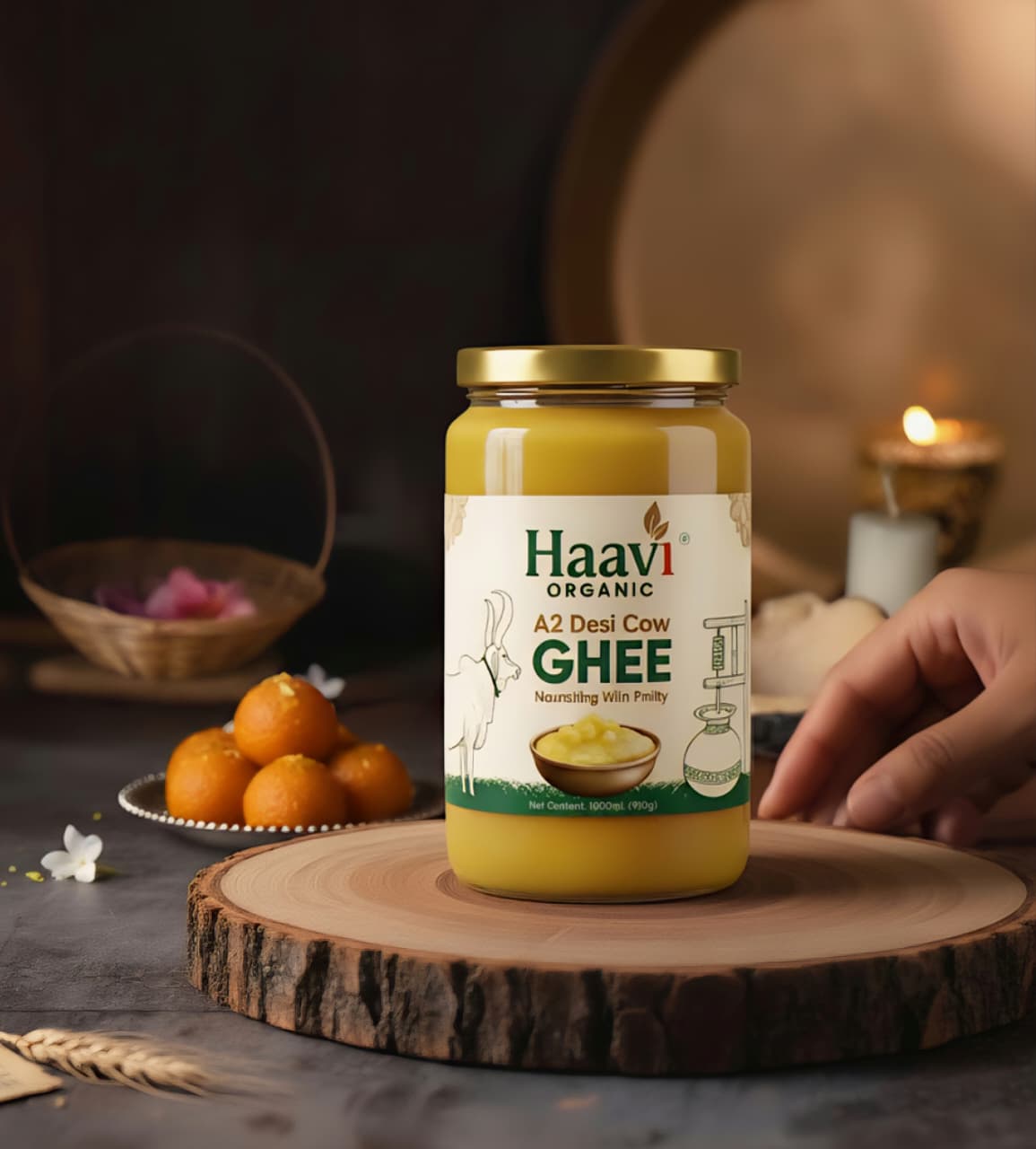 Haavi Organic A2 Desi Cow Ghee | Bilona Churned | From Grass-Fed Desi Cows | Made in VILLAGE (From Free Roaming Cows, Not Gaushala) (1 L)